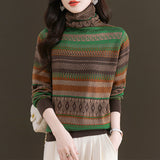 Fashion Temperament High Collar Striped Jacquard Knitted Wool Base Shirt