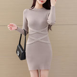 Elegant Bodycon Cross Belt Hip Knitwear Dress Sweater