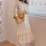 Casual Women Twist Mid-Length Lace Patchwork Knitting Dress