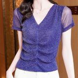 V-neck Pleated Bright Yarn Mesh Bottoming Shirt