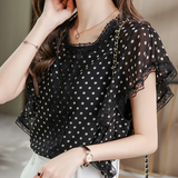 Ruffled Semi-Transparent Lace Polka Dot Printed Chiffon Shirt