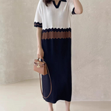 Retro Polo Collar Color Matching Pleated Hollow Loose Knitted Dress