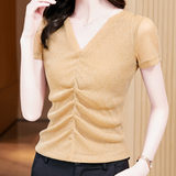 V-neck Pleated Bright Yarn Mesh Bottoming Shirt