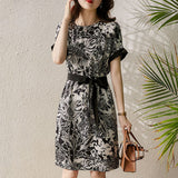 Vintage Black and White Printed Lace-up Dress