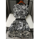 Vintage Black and White Printed Lace-up Dress