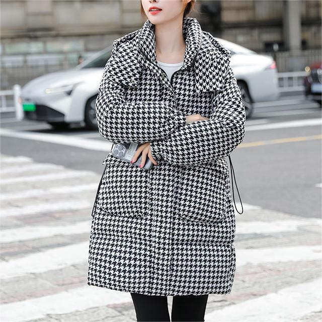 Houndstooth Loose Thick Large Pocket Cotton-Padded Coat