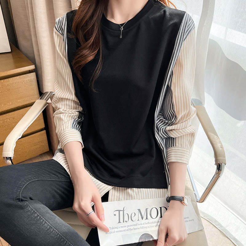 Striped Patchwork Round Neck Loose Shirt