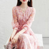 Sweet V-neck Printed Puff Sleeve Waist Dress