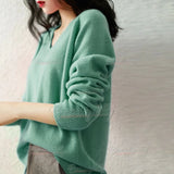 Green Vintage Plain V Neck Long Sleeve Sweater