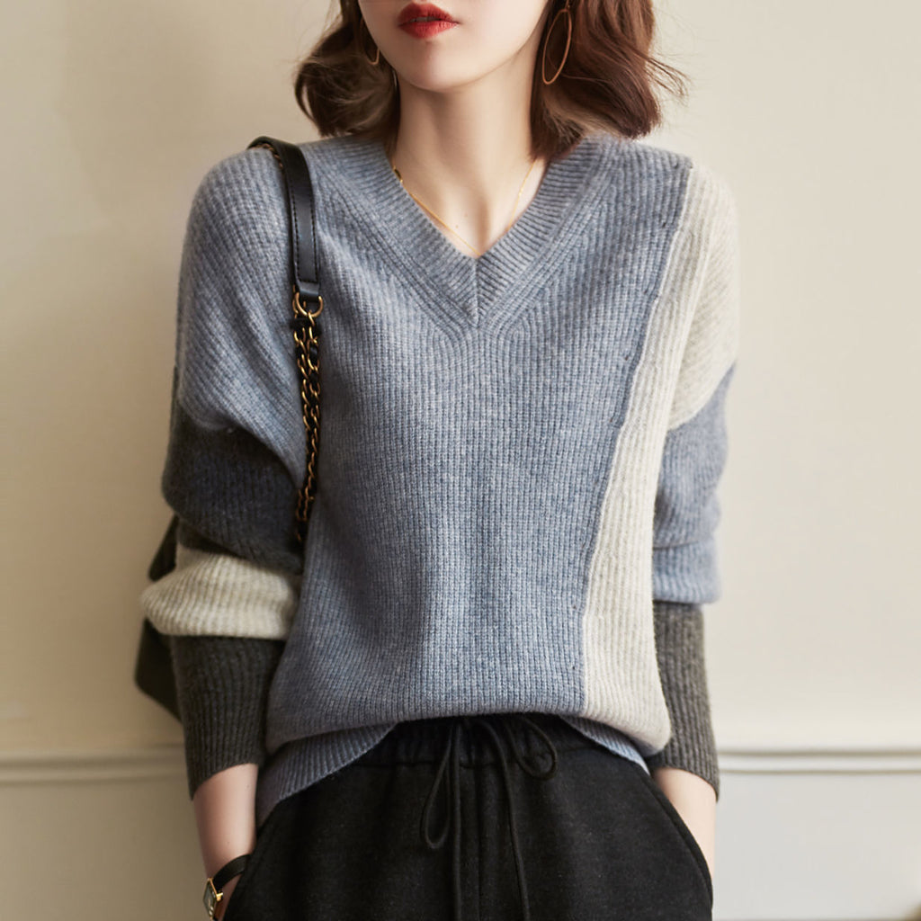 Korean style lazy V-neck color-block sweater