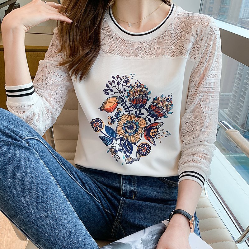 White Casual Crew Neck Shift Floral Shirts & Tops