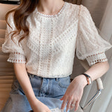 Hollowed Out Lantern Sleeve Lace Shirt