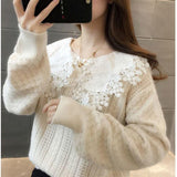 Cute Western Lace Doll Collar Lantern Sleeve Knit Sweater