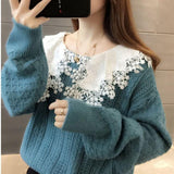 Cute Western Lace Doll Collar Lantern Sleeve Knit Sweater