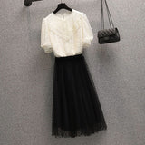 Lace Shirt Tulle Midi Skirt Sets