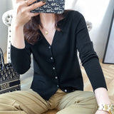 Solid Color V-Neck Buttoned Knitted Top