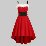 Christmas Fur Trim Lace-Up Cami Dress