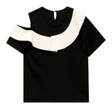 Contrast-Color Ruffled Slimming Irregular Short-Sleeved T-shirt