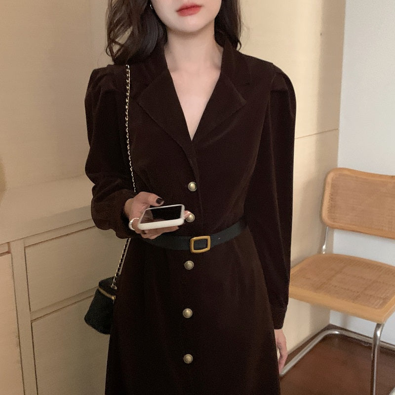 French Temperament Lapel Metal Single-Breasted Waist Slimming Mid-Length Bubble Sleeve Dress