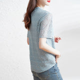 Stand Collar Lace Short Sleeve Shirt Top