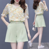 Casual Chiffon Printed Top + Shorts Suit
