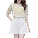 Casual Chiffon Printed Top + Shorts Suit