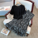 Elegant Bright Silk Short Sleeve Top + Split Floral Skirt Suit