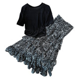 Elegant Bright Silk Short Sleeve Top + Split Floral Skirt Suit