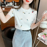 Embroidered Short-Sleeved T-shirt Ice Silk Knitted Top