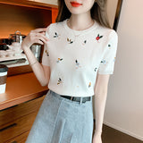 Embroidered Short-Sleeved T-shirt Ice Silk Knitted Top