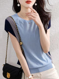 Contrast Color Silk Simple round Neck Knitted T-shirt