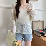 Hollow-out Thin Long-Sleeved Knitted Top