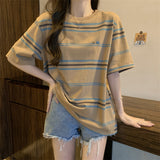 Contrast Color Striped Embroidery Love round Neck T-shirt