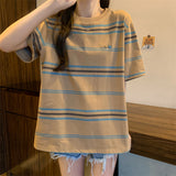 Contrast Color Striped Embroidery Love round Neck T-shirt