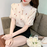 Chinese Knot Button Embroidery Puff Sleeve Shirt
