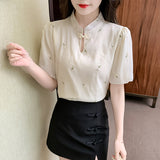 Chinese Knot Button Embroidery Puff Sleeve Shirt