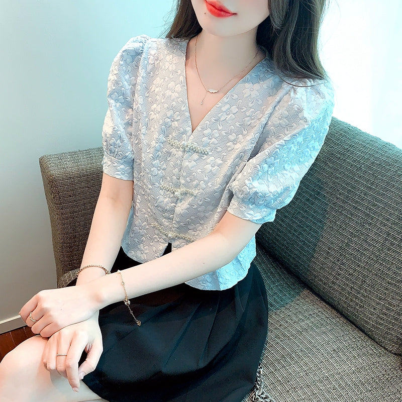 Chinese Style Cheongsam V-neck Shirt with Buckle
