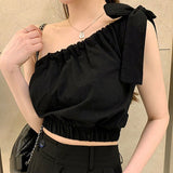 Elegant Pleating One-Shoulder Bow Tied Spaghetti-Strap Top