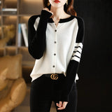 Cashmere Cardigan Women Round Neck Color Blocking Loose Knit Wool Coat Top