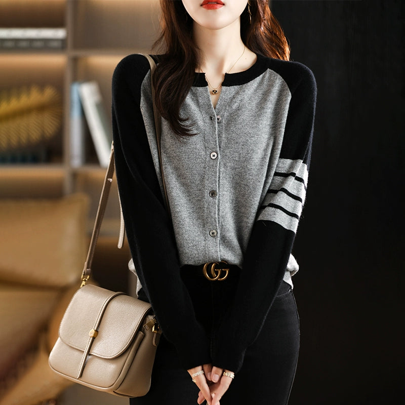 Cashmere Cardigan Women Round Neck Color Blocking Loose Knit Wool Coat Top
