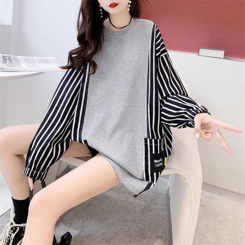 Patchwork Striped Korean Sweatshirt Loose Patchwork Long Sleeve Top