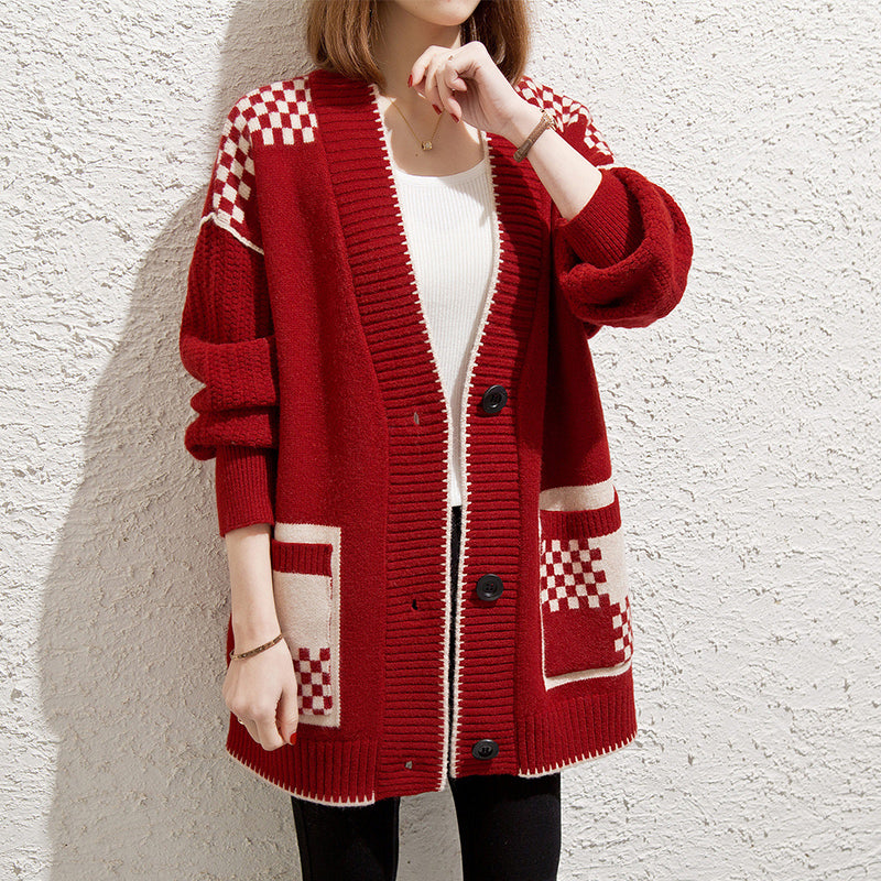 Mid-Length Red Knitted Cardigan
