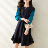 Color block sweater dress with wavy hem