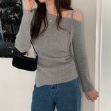 Off-Shoulder Sleeveless Split Pleated Knitted Sweater