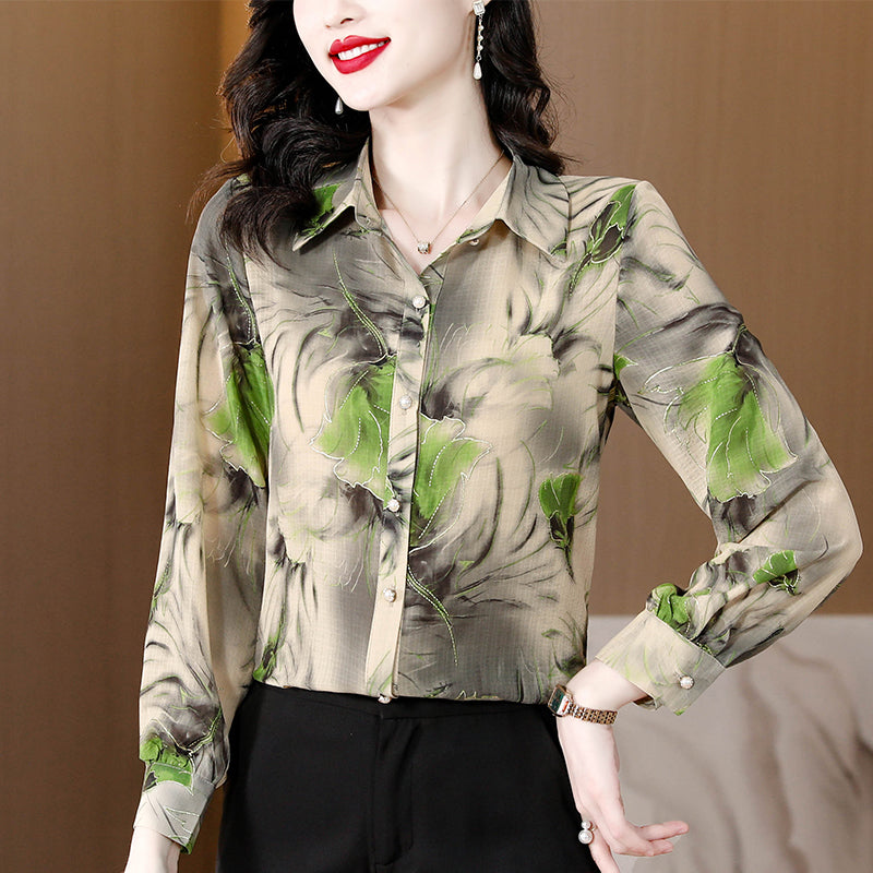 Elegant Floral Printed Mulberry Silk Shirt Stylesmor 7008