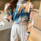 Retro Mulberry Silk Long Sleeve Stand Collar Beaded Lantern Sleeve Printed Shirt