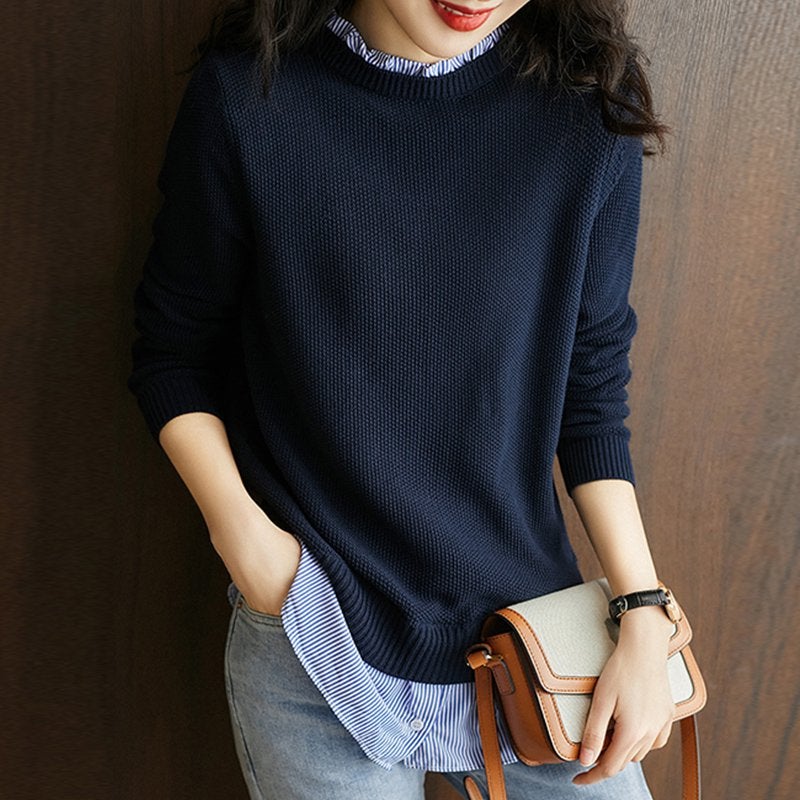 Korean style wooden ear stand collar fake two-piece stitching sweater