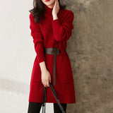 Knit high neck long sleeve solid color dress