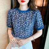 Floral Printed Round Neck Lace Blouses