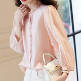 Puff Sleeve Thin Solid Color Lace Shirt